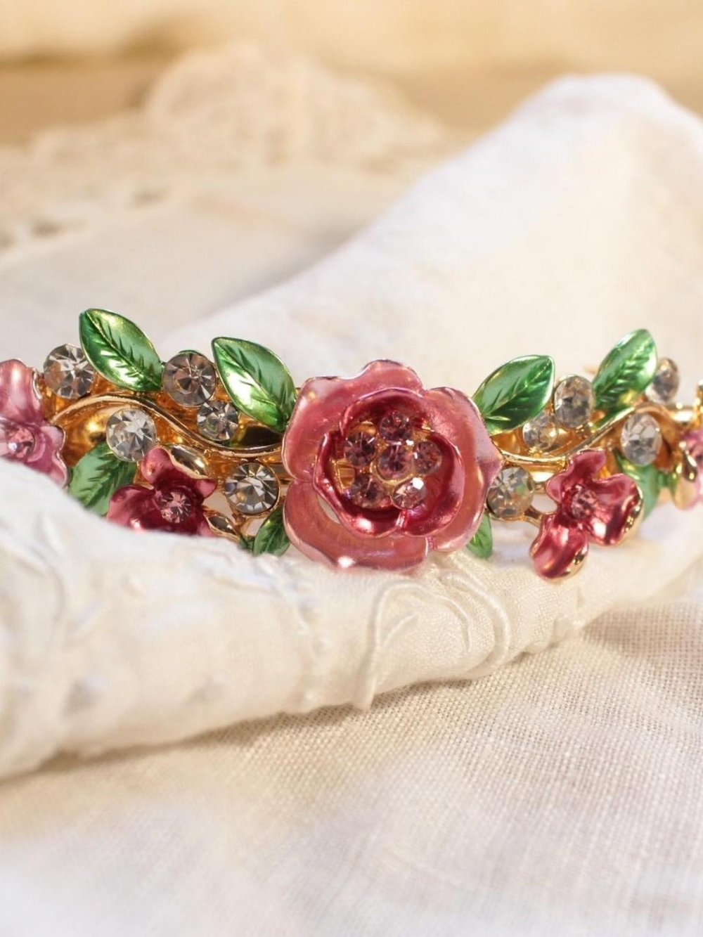 Floral French Barrette Hair Clip Pink Roses Green Leaves Crystals Gold-Tone